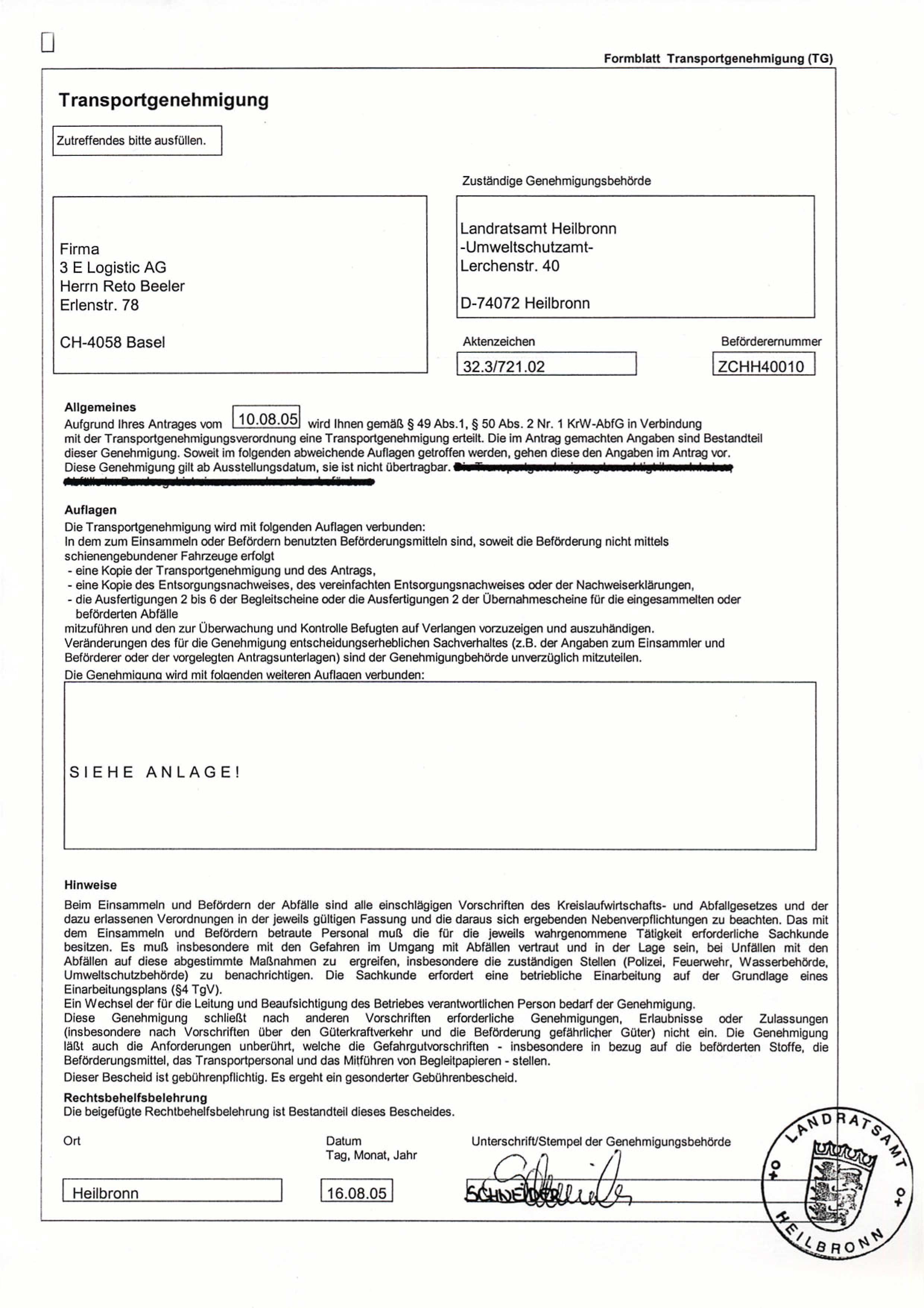 Transportgenehmigung des Landratsamts Heilbron | 3E Logistic